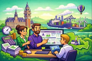 Illustration cartoon en vert et violet d’une formation Silae Nord (59) : formateur et apprenants autour d’un logiciel de paie, avec icônes paie et conformité.