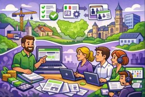 Illustration cartoon d’une formation Silae Oise (60) avec un formateur accompagnant des professionnels de la paie sur le logiciel Silae, dans un contexte d’entreprise locale.