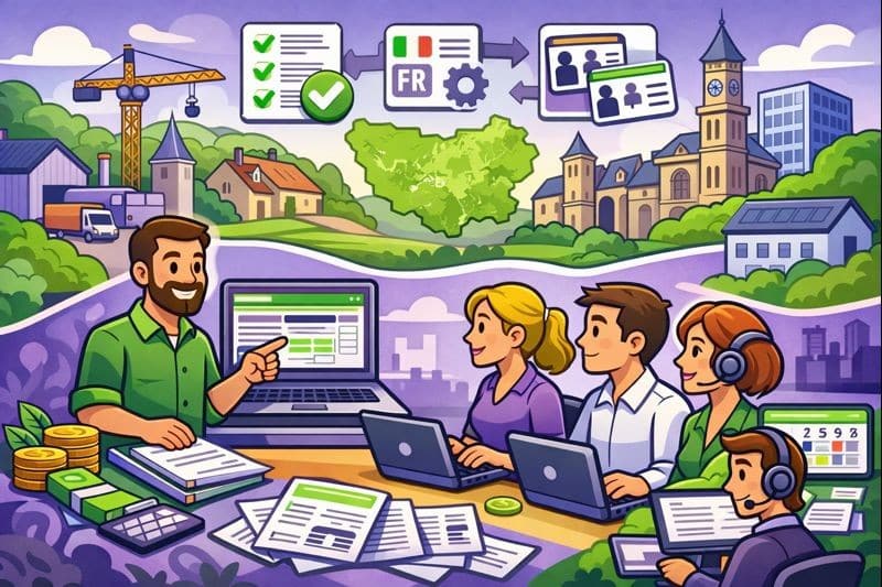 Illustration cartoon d’une formation Silae Oise (60) avec un formateur accompagnant des professionnels de la paie sur le logiciel Silae, dans un contexte d’entreprise locale.