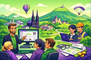 Illustration cartoon d’une formation Silae Puy-de-Dôme (63) pour cabinets comptables, gestionnaires de paie et services RH, avec un formateur et des professionnels du territoire.