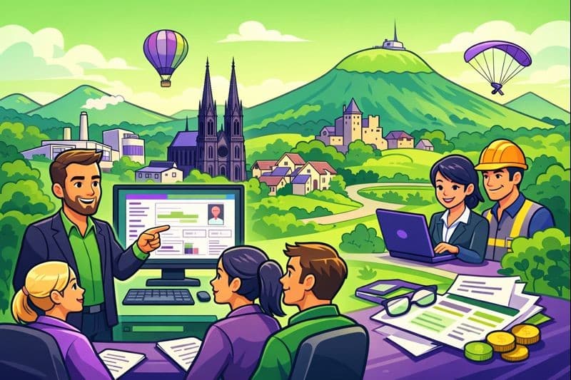 Illustration cartoon d’une formation Silae Puy-de-Dôme (63) pour cabinets comptables, gestionnaires de paie et services RH, avec un formateur et des professionnels du territoire.