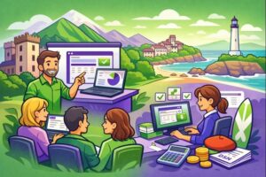 Illustration cartoon d’une formation Silae Pyrénées-Atlantiques (64) : formateur et participants en session paie sur ordinateur, avec décor côte et montagnes.