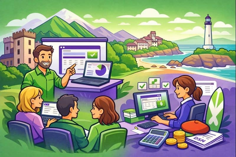Illustration cartoon d’une formation Silae Pyrénées-Atlantiques (64) : formateur et participants en session paie sur ordinateur, avec décor côte et montagnes.