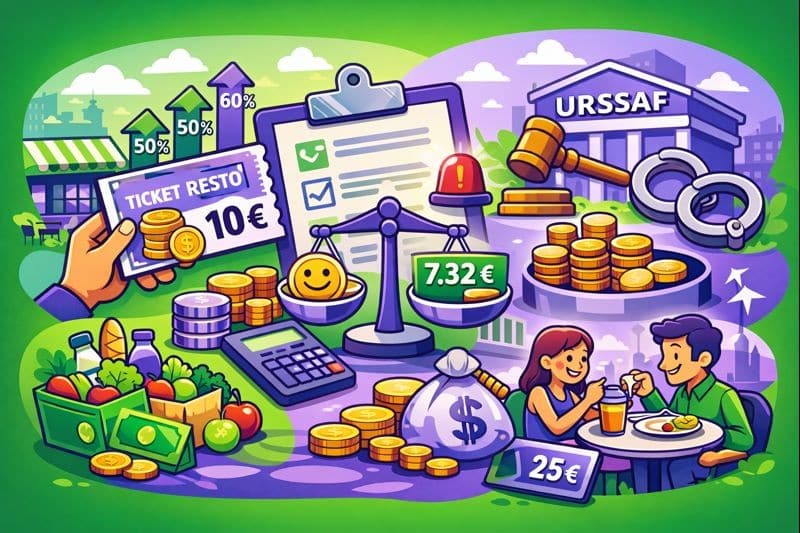 Illustration en style cartoon expliquant la limite d’exonération des titres-restaurant en 2026, avec la participation employeur, le plafond URSSAF et l’usage des titres par les salariés.