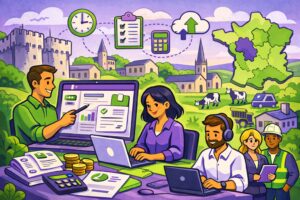 Illustration cartoon en vert et violet représentant une formation Silae avec des professionnels de la paie dans le département, pour la requête formation Silae Deux-Sèvres (79).