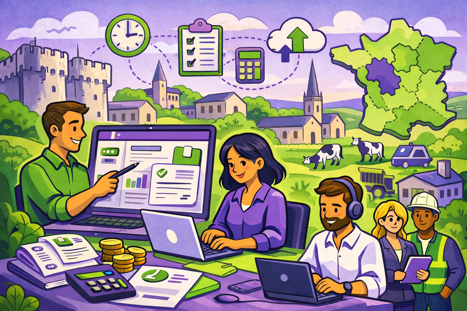 Illustration cartoon en vert et violet représentant une formation Silae avec des professionnels de la paie dans le département, pour la requête formation Silae Deux-Sèvres (79).