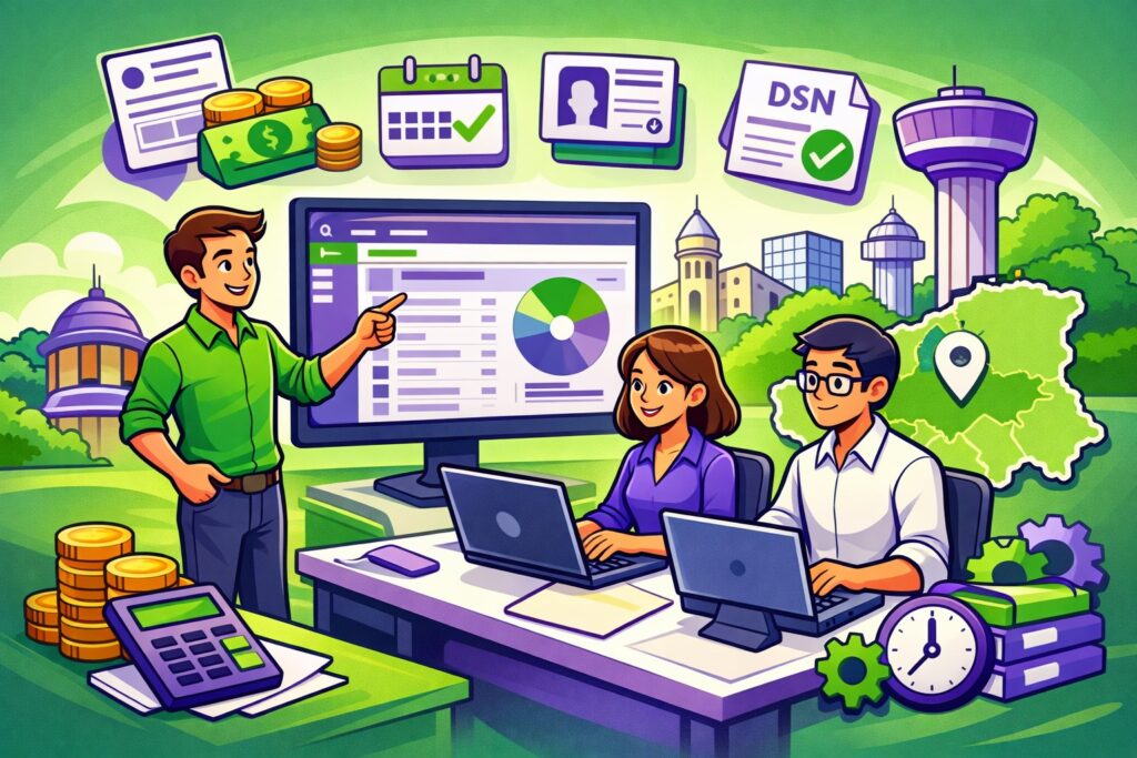 Illustration cartoon représentant une formation Silae Essonne (91) avec formateur et gestionnaires de paie travaillant sur logiciel de paie en bureau moderne aux couleurs vert et violet.