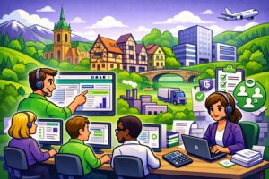 Illustration cartoon d’une formation Silae Haut-Rhin (68) avec des professionnels de la paie et des services RH se formant au logiciel de paie dans le département du Haut-Rhin