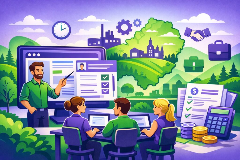 Formation Silae Haute-Saône (70) illustrée par une scène cartoon de formation à la paie avec logiciel Silae, destinée aux cabinets comptables et services RH locaux