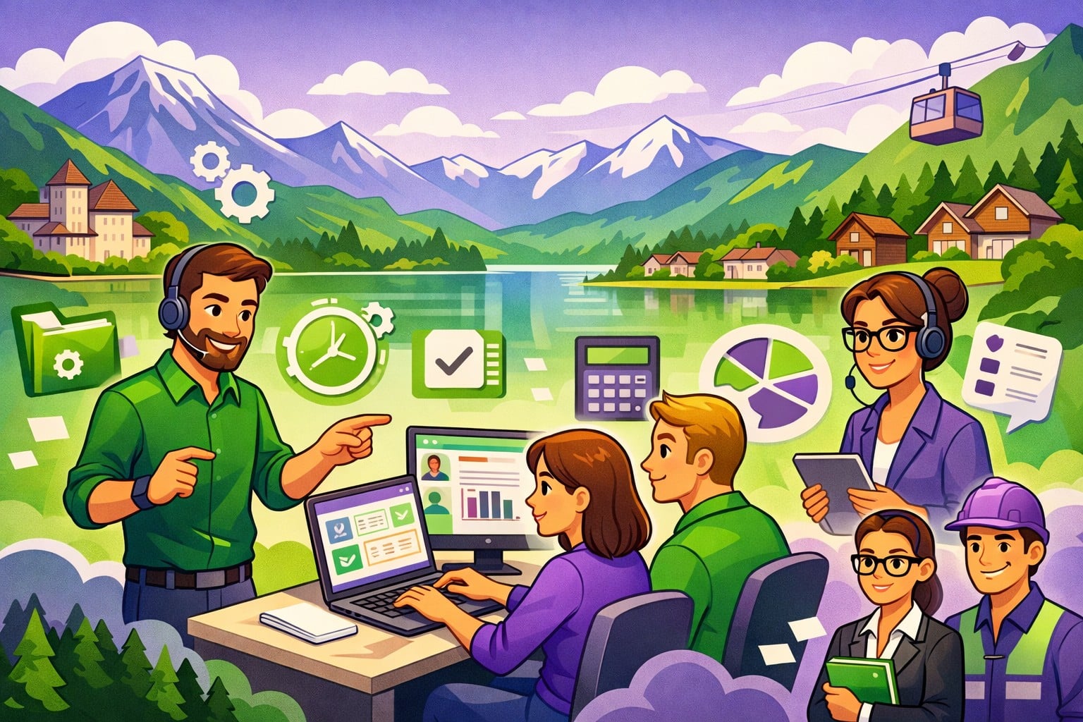 Illustration cartoon vert et violet d’une formation Silae en Haute-Savoie avec formateur et participants sur ordinateur, sur fond de montagnes et lac — formation Silae Haute-Savoie (74).