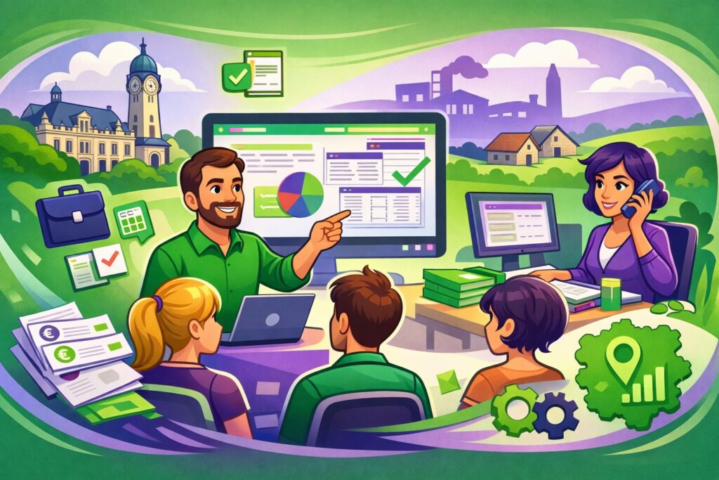 Illustration cartoon en vert et violet représentant une formation Silae Haute-Vienne (87) avec un formateur et des gestionnaires de paie travaillant sur un logiciel de paie dans un environnement professionnel inspiré de Limoges.