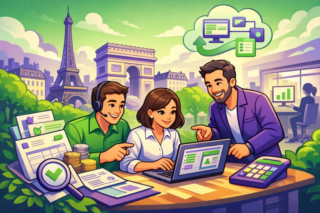 Illustration cartoon vert et violet d’une formation Silae Paris (75), avec des professionnels de la paie travaillant sur un ordinateur et des éléments de gestion de paie, sur fond de monuments parisiens.