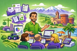 Formation Silae Pyrénées-Orientales (66) illustrée par une session de formation à la paie en mode cartoon avec un formateur et des professionnels devant le paysage local