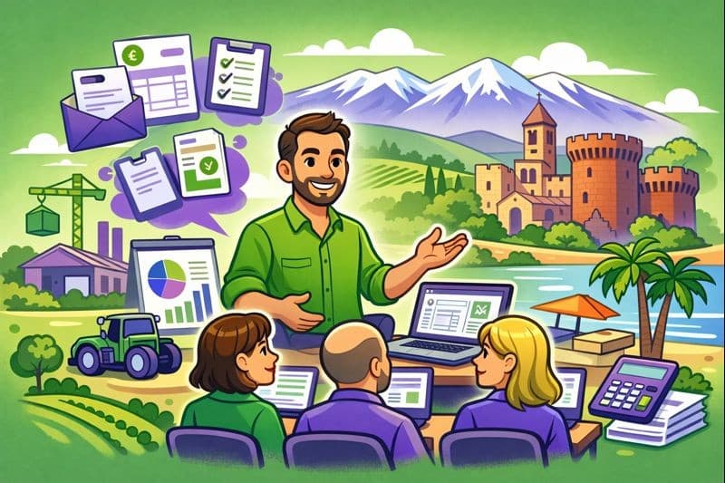 Formation Silae Pyrénées-Orientales (66) illustrée par une session de formation à la paie en mode cartoon avec un formateur et des professionnels devant le paysage local