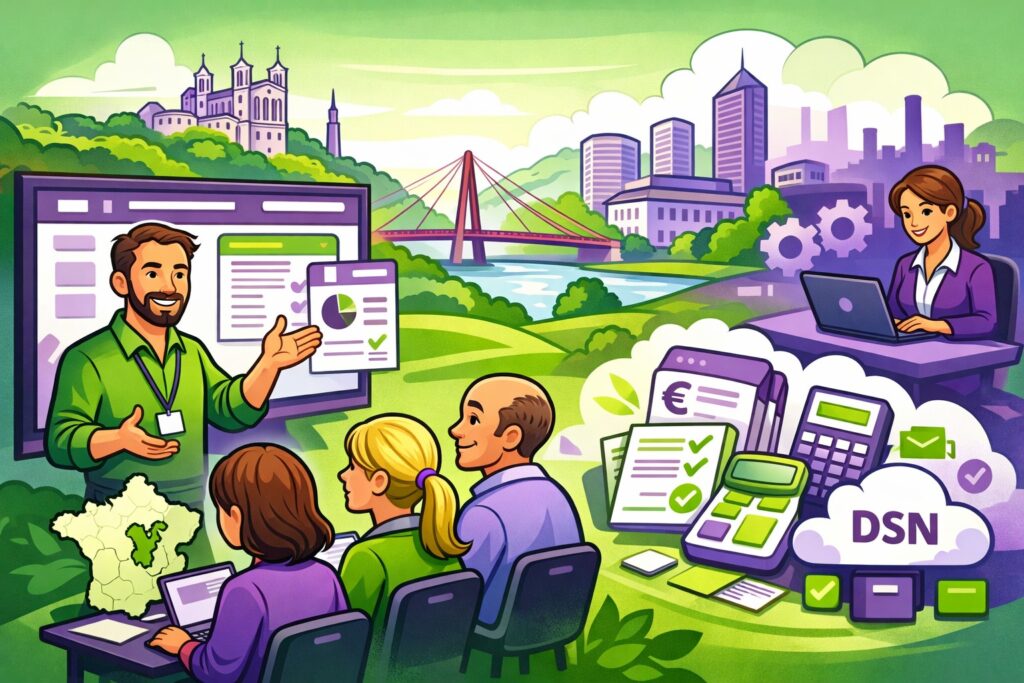 Illustration cartoon vert et violet représentant la gestion de la paie et la formation sur logiciel dans le département : formation Silae Rhône (69)