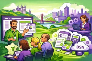 Illustration cartoon vert et violet représentant la gestion de la paie et la formation sur logiciel dans le département : formation Silae Rhône (69)