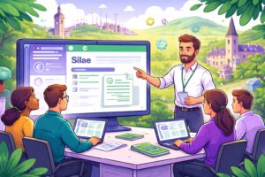 Illustration cartoon vert et violet représentant une formation Silae Saône-et-Loire (71) pour devenir autonome sur un logiciel de paie, avec un formateur et des éléments visuels liés à la paie.