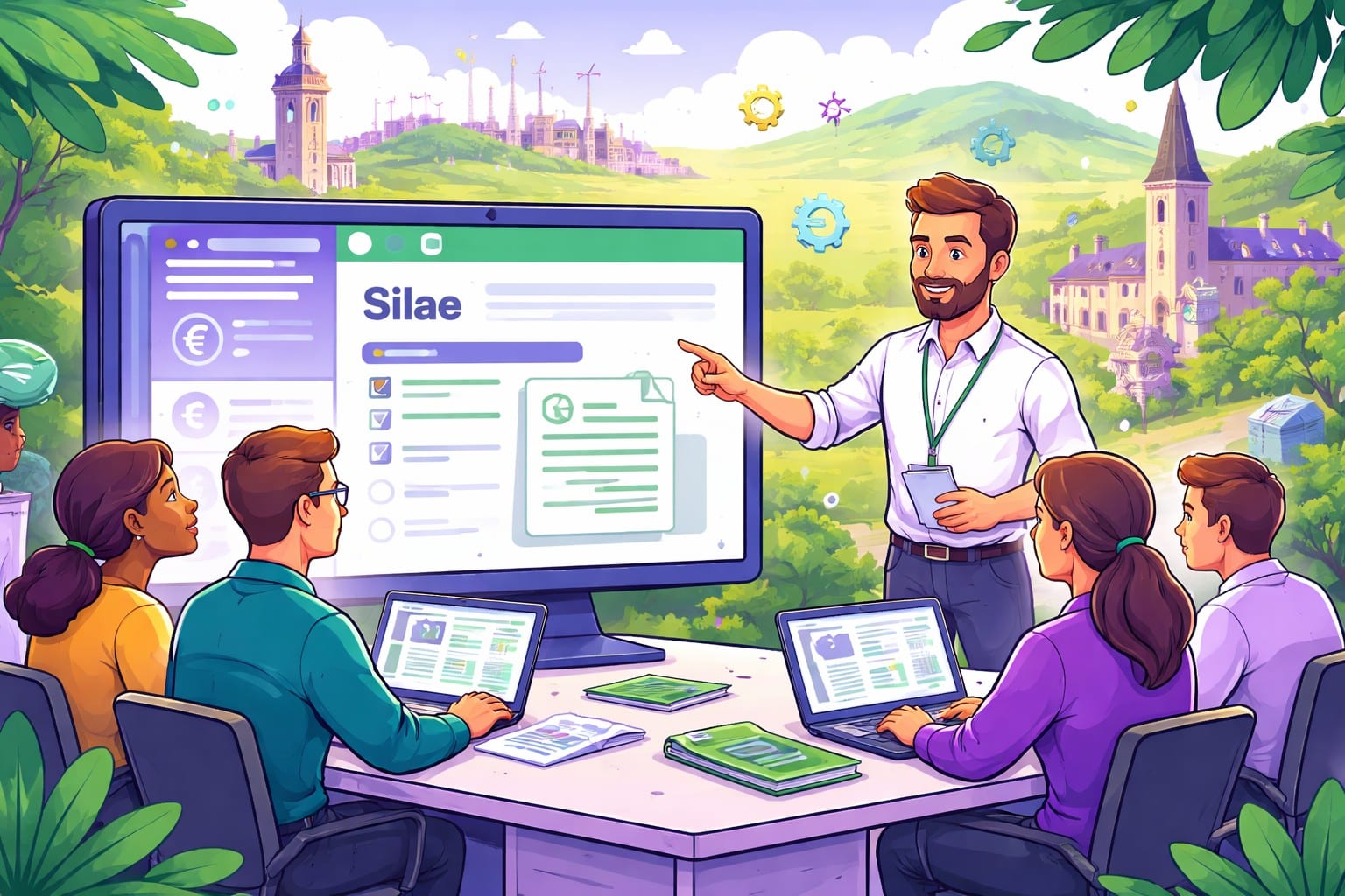 Illustration cartoon vert et violet représentant une formation Silae Saône-et-Loire (71) pour devenir autonome sur un logiciel de paie, avec un formateur et des éléments visuels liés à la paie.