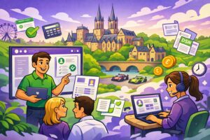 Illustration cartoon d’une formation Silae Sarthe (72) avec des professionnels de la paie utilisant le logiciel Silae dans un environnement de travail moderne, aux couleurs vert et violet