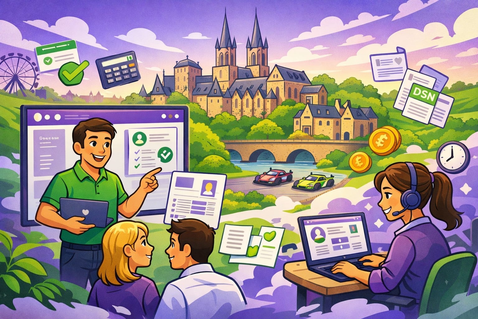 Illustration cartoon d’une formation Silae Sarthe (72) avec des professionnels de la paie utilisant le logiciel Silae dans un environnement de travail moderne, aux couleurs vert et violet