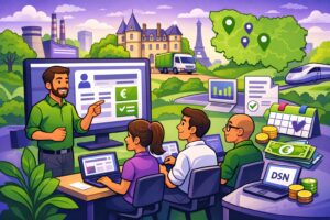 Illustration cartoon vert et violet d’une session de formation Silae Seine-et-Marne (77) avec formateur et participants sur ordinateur, autour de la paie et de la DSN.