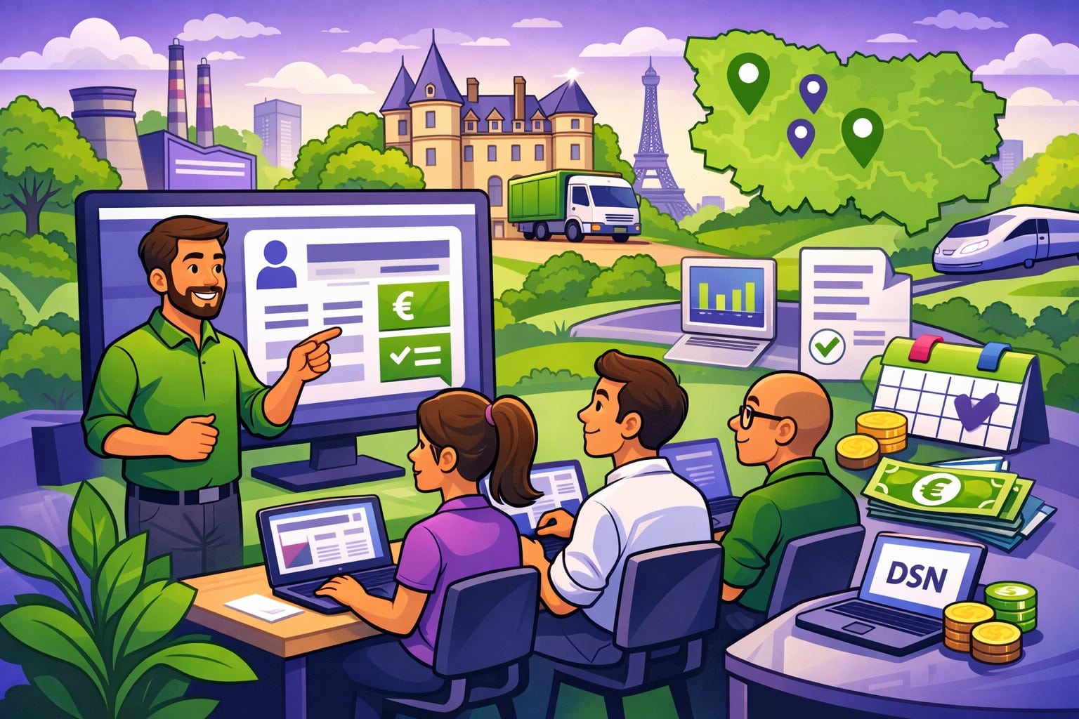 Illustration cartoon vert et violet d’une session de formation Silae Seine-et-Marne (77) avec formateur et participants sur ordinateur, autour de la paie et de la DSN.