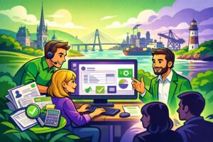 Illustration cartoon en vert et violet représentant une formation Silae Seine-Maritime (76) avec des professionnels en session autour d’un logiciel de paie.