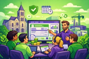 Illustration cartoon d’une session de formation Silae Seine-Saint-Denis (93) avec un formateur et des participants devant un écran de paie, couleurs vert et violet.