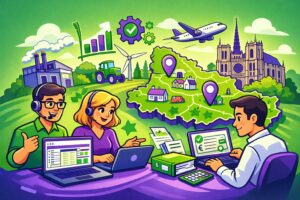 Illustration cartoon en vert et violet représentant une formation Silae Somme (80) : professionnels en session sur ordinateur, carte stylisée de la Somme et éléments liés à la paie et à la DSN.