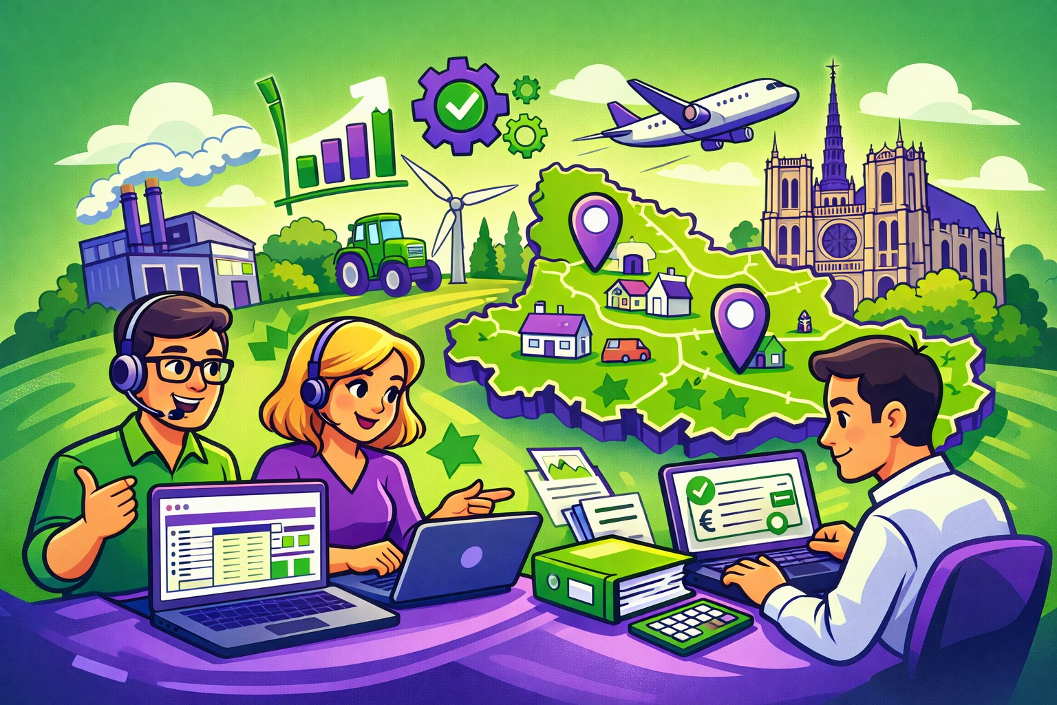 Illustration cartoon en vert et violet représentant une formation Silae Somme (80) : professionnels en session sur ordinateur, carte stylisée de la Somme et éléments liés à la paie et à la DSN.