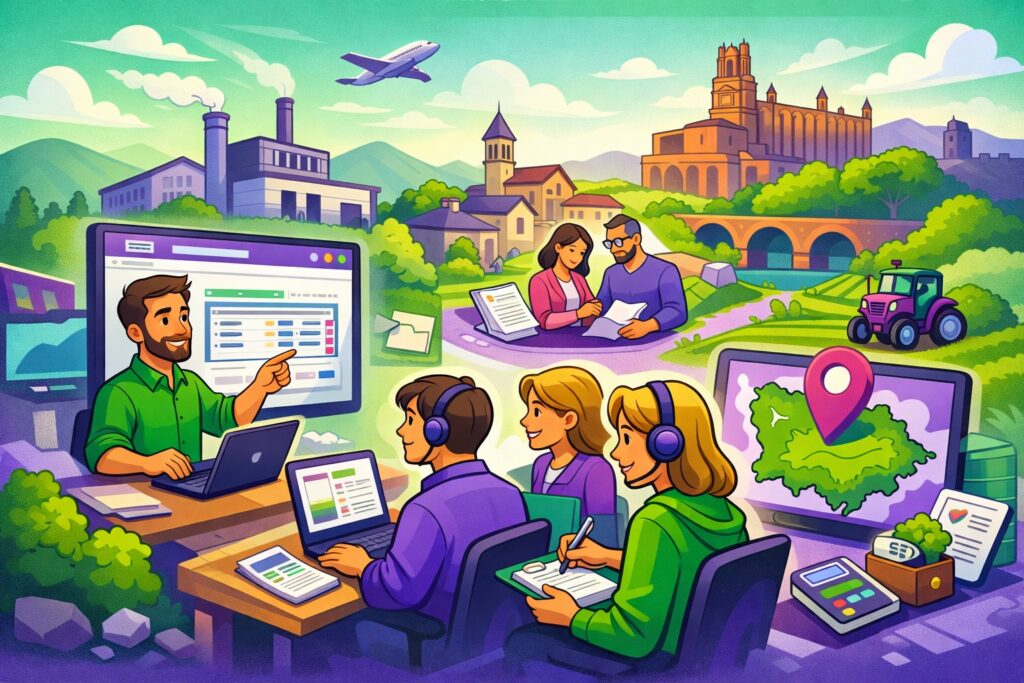 Illustration cartoon d’une formation Silae Tarn (81) : session pratique de paie avec formateur et participants sur ordinateur, dans un décor du Tarn entre ville et industrie.