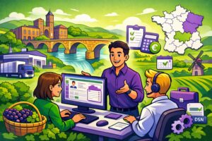 Illustration cartoon vert et violet d’une formation Silae Tarn-et-Garonne (82) avec un formateur et des professionnels de la paie devant un ordinateur, sur fond de paysages locaux.