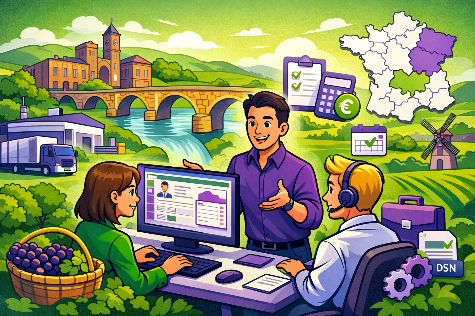 Illustration cartoon vert et violet d’une formation Silae Tarn-et-Garonne (82) avec un formateur et des professionnels de la paie devant un ordinateur, sur fond de paysages locaux.