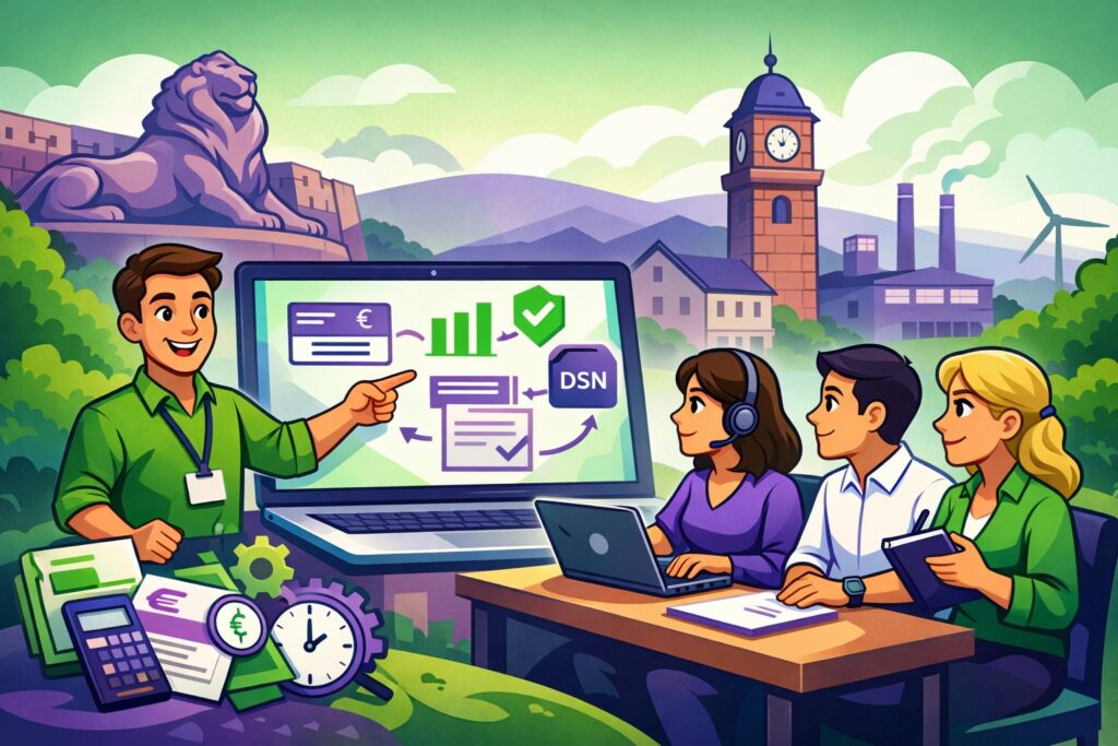 Illustration cartoon en vert et violet d’une scène de formation en paie sur ordinateur, pour une formation Silae Territoire de Belfort (90), avec des professionnels au travail et des éléments graphiques liés à la paie.