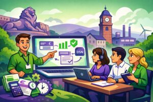 Illustration cartoon en vert et violet d’une scène de formation en paie sur ordinateur, pour une formation Silae Territoire de Belfort (90), avec des professionnels au travail et des éléments graphiques liés à la paie.