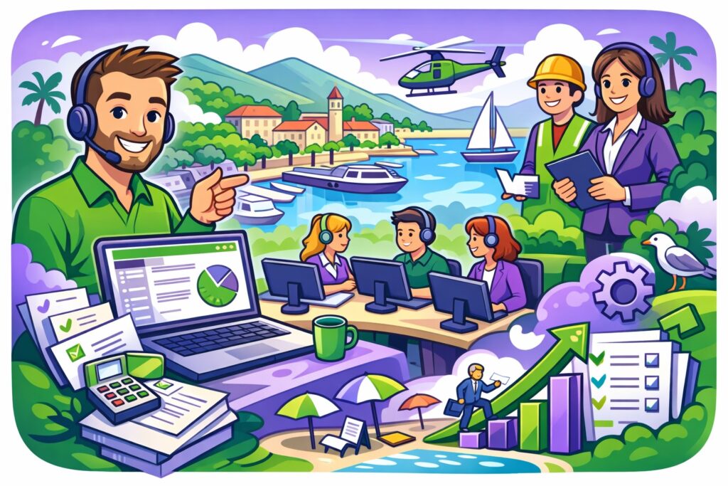 Illustration cartoon en vert et violet représentant une formation Silae Var (83) avec formateur et gestionnaires de paie travaillant sur logiciel et tableaux de bord dans un décor inspiré du littoral varois.