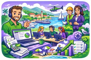 Illustration cartoon en vert et violet représentant une formation Silae Var (83) avec formateur et gestionnaires de paie travaillant sur logiciel et tableaux de bord dans un décor inspiré du littoral varois.