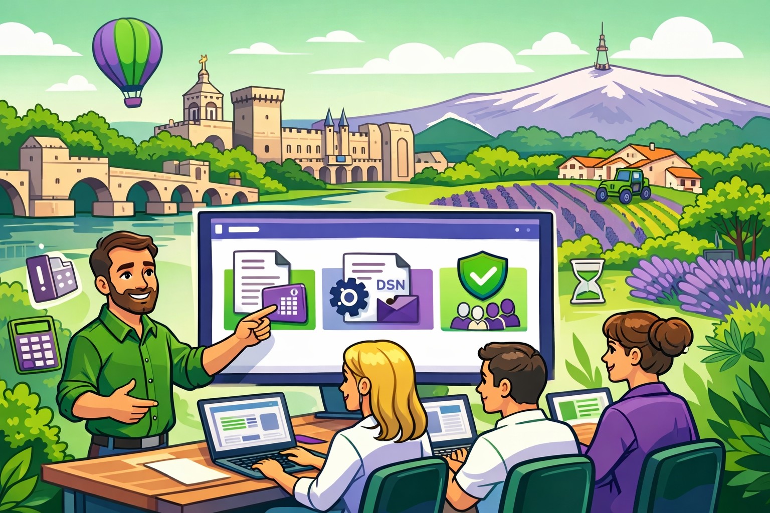 Illustration cartoon en vert et violet d’une formation Silae avec un formateur et des apprenants dans le Vaucluse, formation Silae Vaucluse (84).