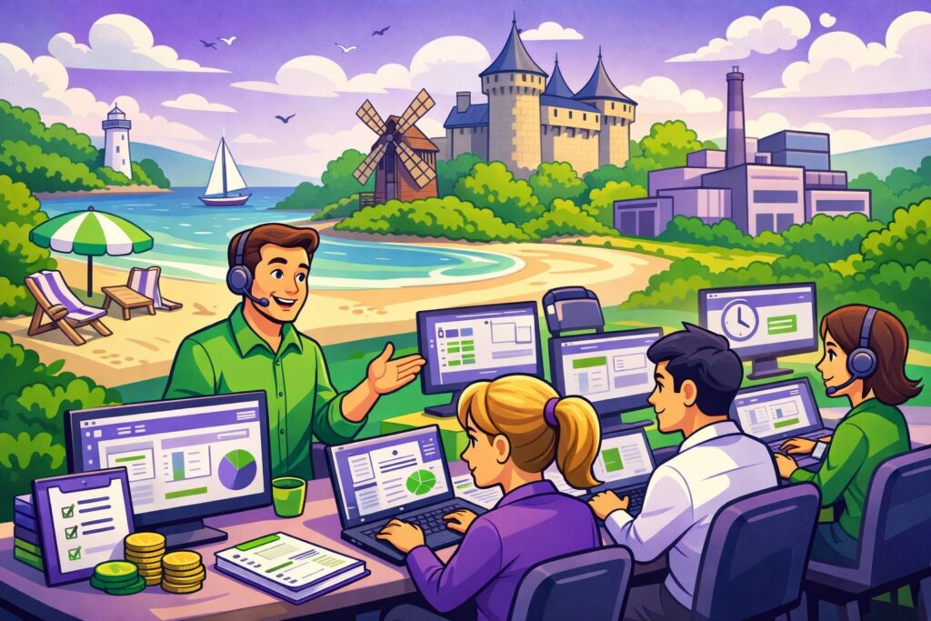 Illustration cartoon en vert et violet d’une formation Silae Vendée (85) : formateur et participants devant des écrans de paie, avec un décor typique de la Vendée.