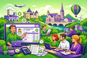 Illustration cartoon d’une formation Silae Vienne (86) : un formateur accompagne des professionnels sur un logiciel de paie, avec un décor représentant la Vienne.