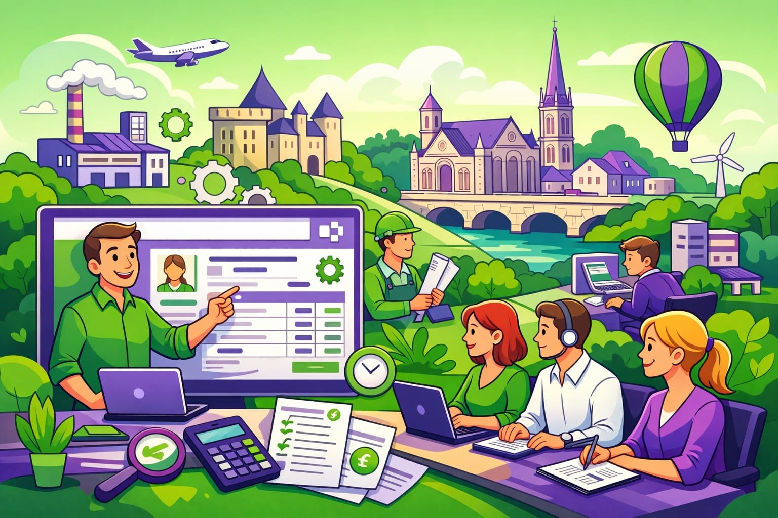 Illustration cartoon d’une formation Silae Vienne (86) : un formateur accompagne des professionnels sur un logiciel de paie, avec un décor représentant la Vienne.