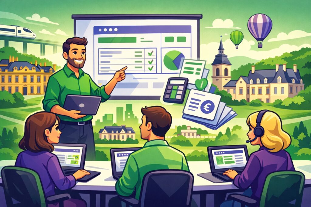 Illustration cartoon représentant une session de formation Silae Yvelines (78) avec un formateur et des gestionnaires de paie travaillant sur le logiciel dans un environnement inspiré des Yvelines.
