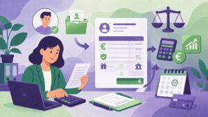 Illustration du bloc de compétences 1 du titre professionnel gestionnaire de paie montrant la création d’un bulletin de paie du brut au net avec calculs et cotisations sociales