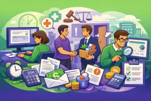 Illustration cartoon du Bloc de compétences 2 du titre professionnel gestionnaire de paie montrant le traitement des absences, des départs salariés et le contrôle de la paie