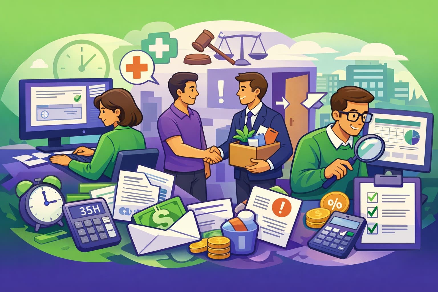 Illustration cartoon du Bloc de compétences 2 du titre professionnel gestionnaire de paie montrant le traitement des absences, des départs salariés et le contrôle de la paie