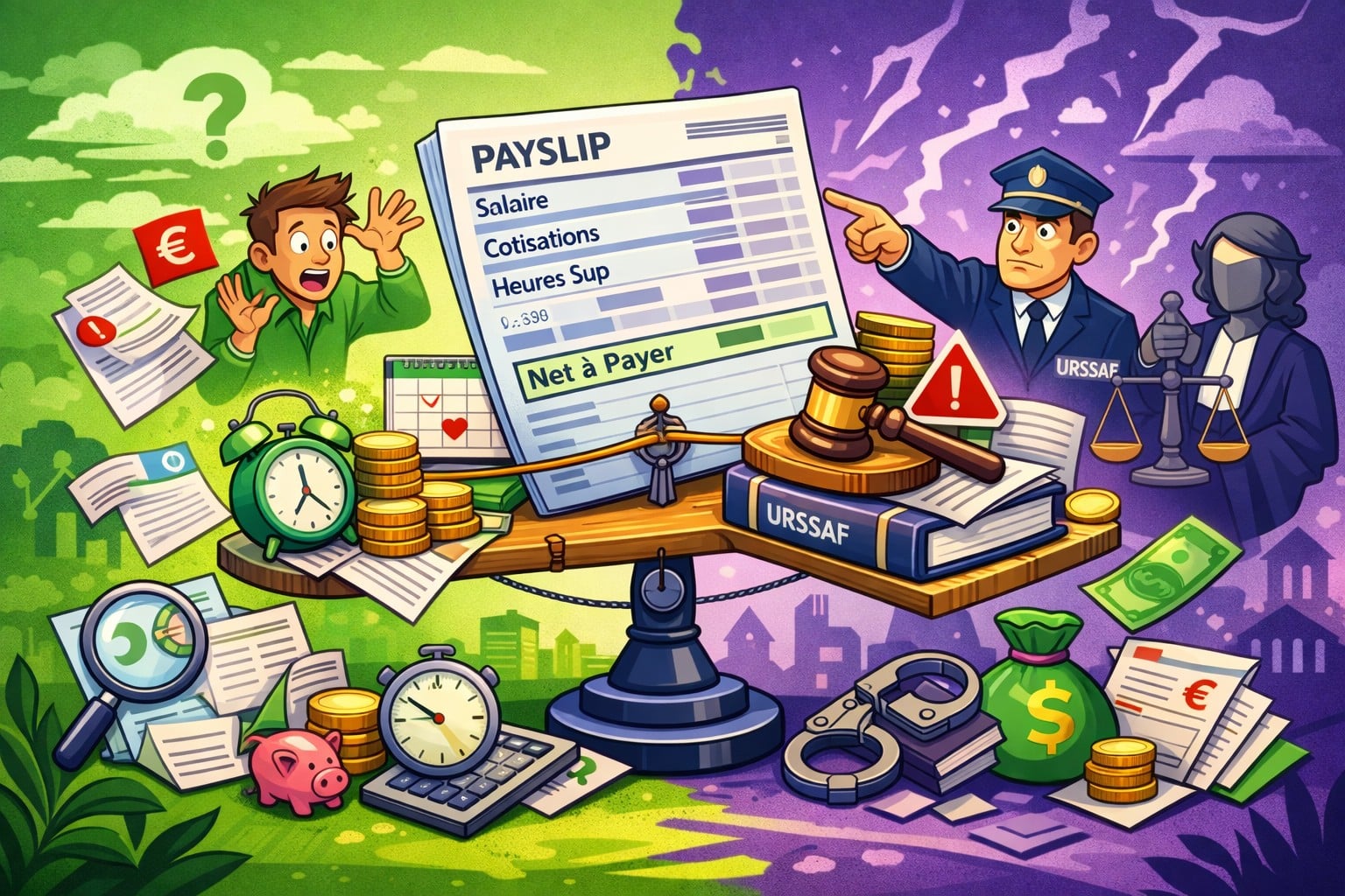 Illustration cartoon représentant les compétences juridiques nécessaires en paie avec un bulletin équilibré entre calcul, conformité et risques juridiques