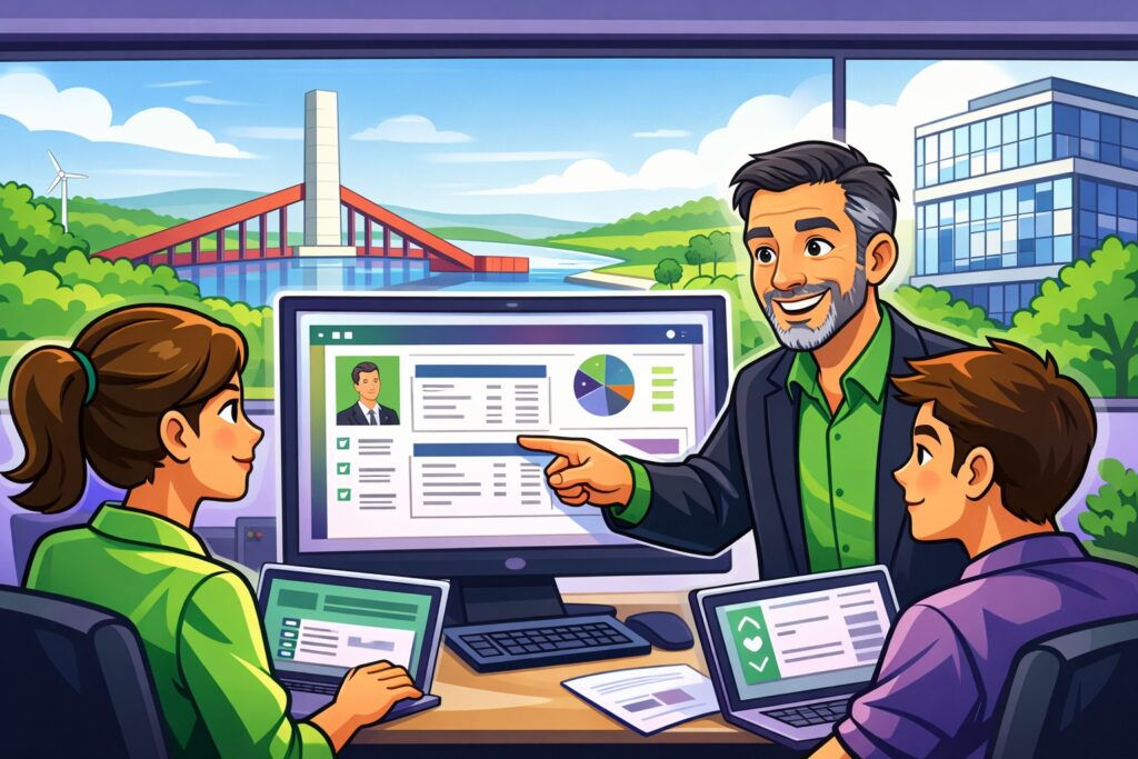Illustration cartoon vert et violet d’une formation Silae Val-d’Oise (95) : un formateur accompagne deux apprenants sur un logiciel de paie en salle de formation.