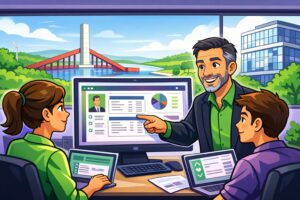 Illustration cartoon vert et violet d’une formation Silae Val-d’Oise (95) : un formateur accompagne deux apprenants sur un logiciel de paie en salle de formation.