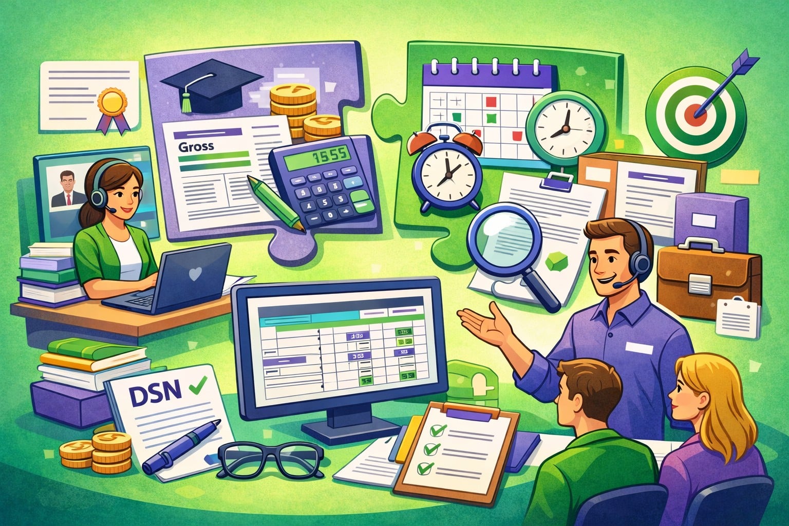 Illustration cartoon du programme du titre professionnel gestionnaire de paie de l'organisme La Paie Facile, avec formation à distance, bulletins de paie, DSN, contrôle de paie et accompagnement pédagogique