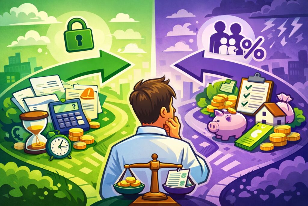 Illustration cartoon en vert et violet représentant un salarié hésitant entre deux chemins pour comprendre quel taux choisir entre taux neutre et taux personnalisé, avec symboles de confidentialité, salaire net et régularisation fiscale.